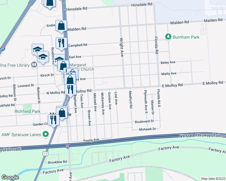 map of restaurants, bars, coffee shops, grocery stores, and more near 304 East Molloy Road in Syracuse