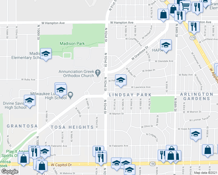 map of restaurants, bars, coffee shops, grocery stores, and more near 4436 North 92nd Street in Milwaukee