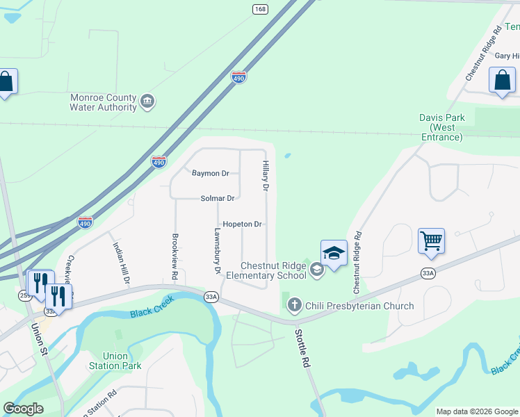 map of restaurants, bars, coffee shops, grocery stores, and more near 105 Hillary Drive in Rochester