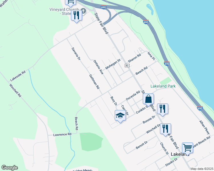 map of restaurants, bars, coffee shops, grocery stores, and more near 102 Ontario Avenue in Syracuse