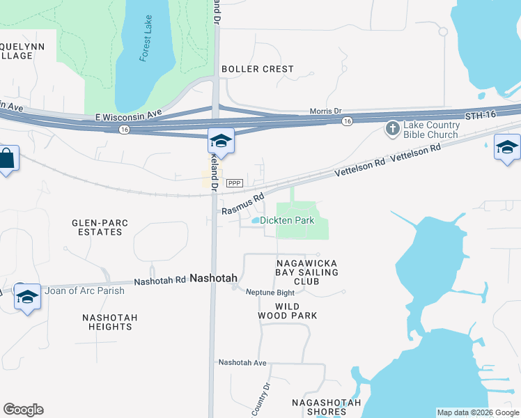 map of restaurants, bars, coffee shops, grocery stores, and more near N44w32787 Rasmus Road in Nashotah