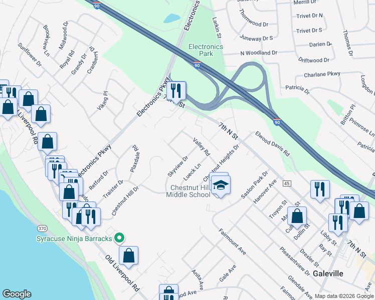 map of restaurants, bars, coffee shops, grocery stores, and more near 205 Skyview Drive in Liverpool
