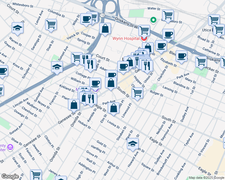 map of restaurants, bars, coffee shops, grocery stores, and more near 300 Genesee St in Utica