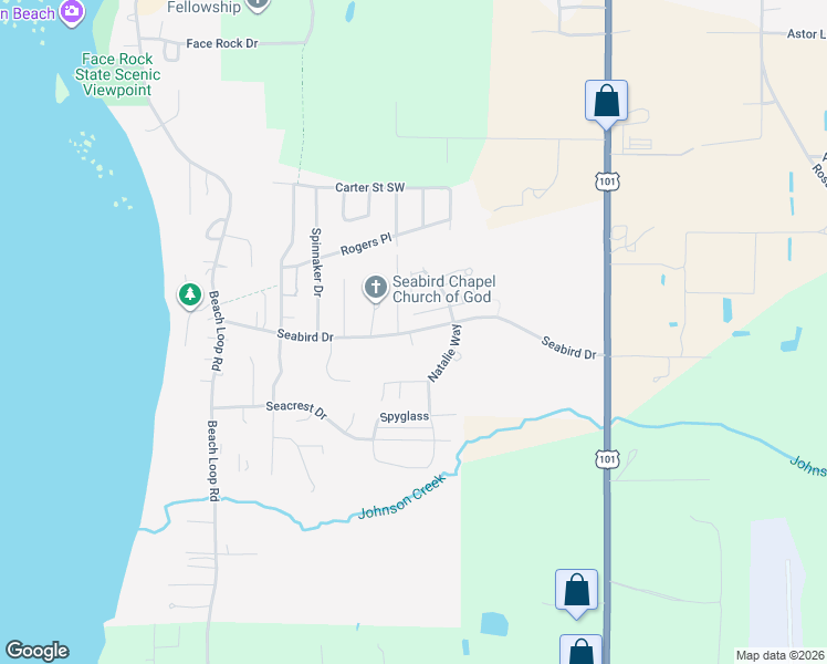map of restaurants, bars, coffee shops, grocery stores, and more near Seabird Drive in Bandon