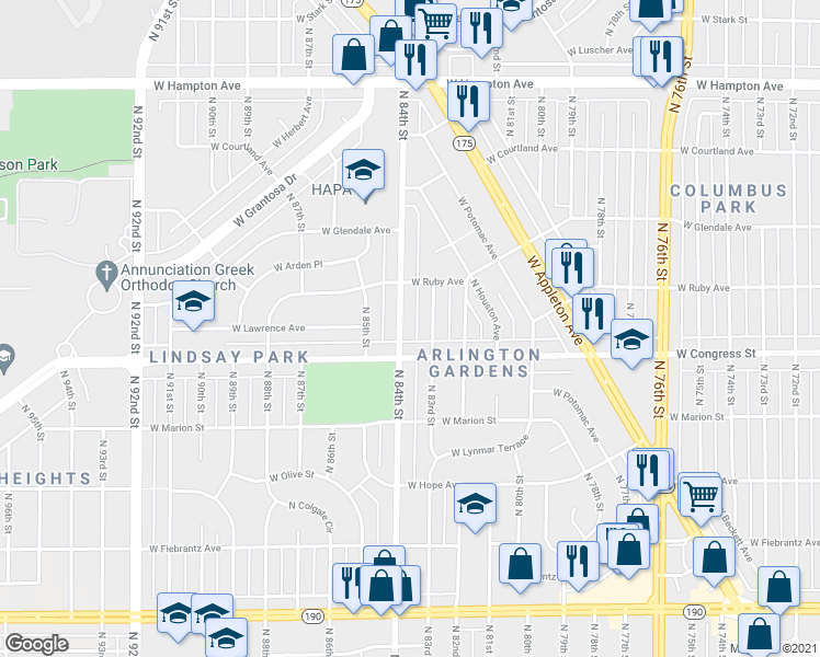 map of restaurants, bars, coffee shops, grocery stores, and more near 4434 North 84th Street in Milwaukee