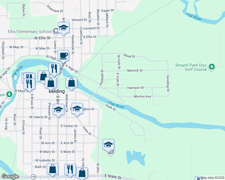 map of restaurants, bars, coffee shops, grocery stores, and more near 533 Harrison Street in Belding