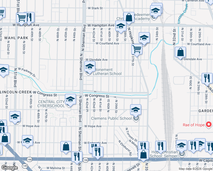 map of restaurants, bars, coffee shops, grocery stores, and more near 4435 North 40th Street in Milwaukee