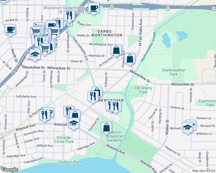 map of restaurants, bars, coffee shops, grocery stores, and more near 3205 James Street in Madison
