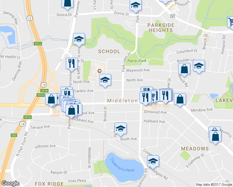 map of restaurants, bars, coffee shops, grocery stores, and more near 7215 Franklin Avenue in Middleton