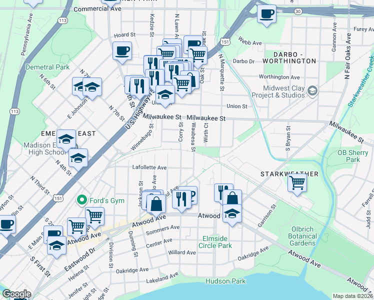 map of restaurants, bars, coffee shops, grocery stores, and more near 98 Waubesa Street in Madison