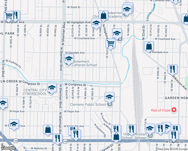 map of restaurants, bars, coffee shops, grocery stores, and more near 4434 North 39th Street in Milwaukee