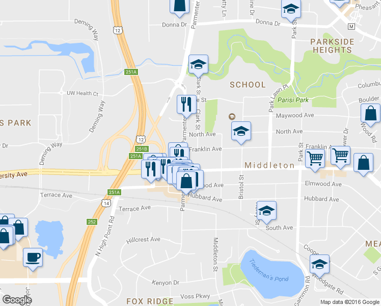 map of restaurants, bars, coffee shops, grocery stores, and more near 7455 Franklin Avenue in Middleton