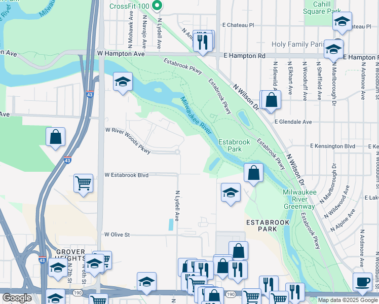 map of restaurants, bars, coffee shops, grocery stores, and more near 100 West River Woods Parkway in Glendale