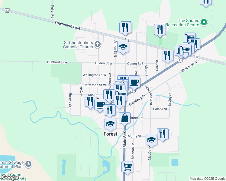 map of restaurants, bars, coffee shops, grocery stores, and more near 14 James Street North in Forest