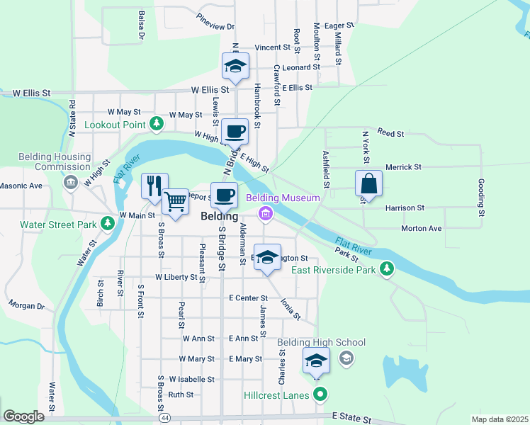 map of restaurants, bars, coffee shops, grocery stores, and more near 302 East Main Street in Belding
