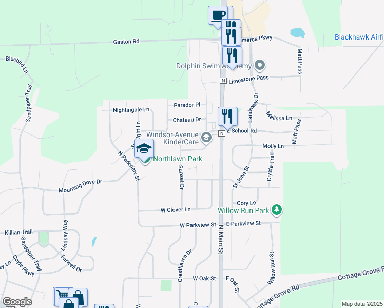map of restaurants, bars, coffee shops, grocery stores, and more near 126 West Windsor Avenue in Cottage Grove