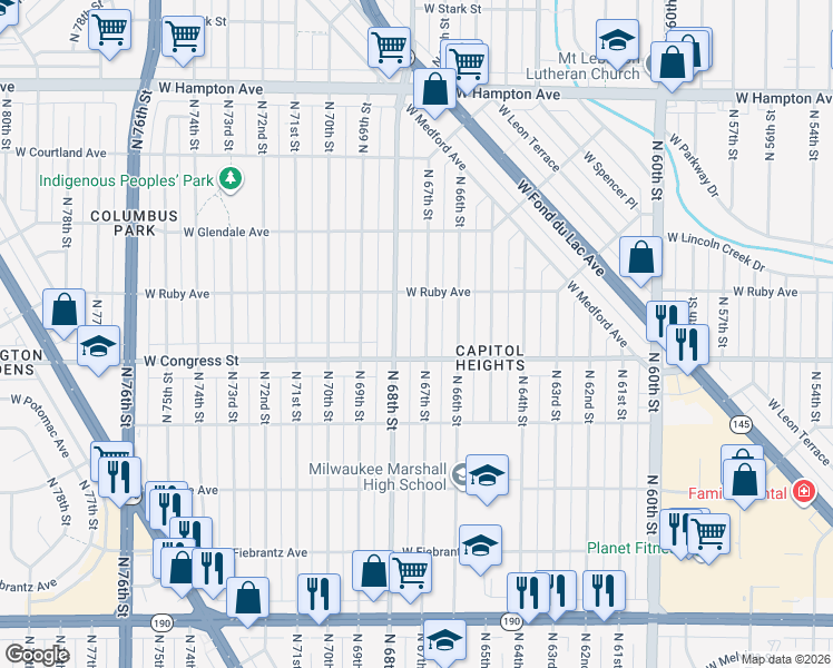 map of restaurants, bars, coffee shops, grocery stores, and more near 4431 North 67th Street in Milwaukee