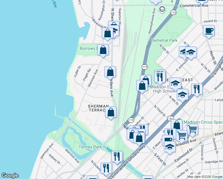 map of restaurants, bars, coffee shops, grocery stores, and more near Fordem Avenue in Madison