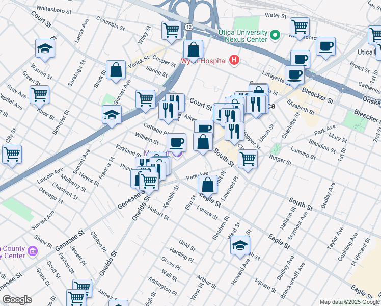 map of restaurants, bars, coffee shops, grocery stores, and more near 300 Genesee St in Utica