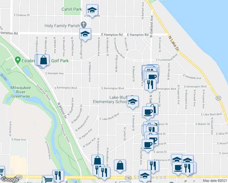map of restaurants, bars, coffee shops, grocery stores, and more near 4485 North Morris Boulevard in Shorewood