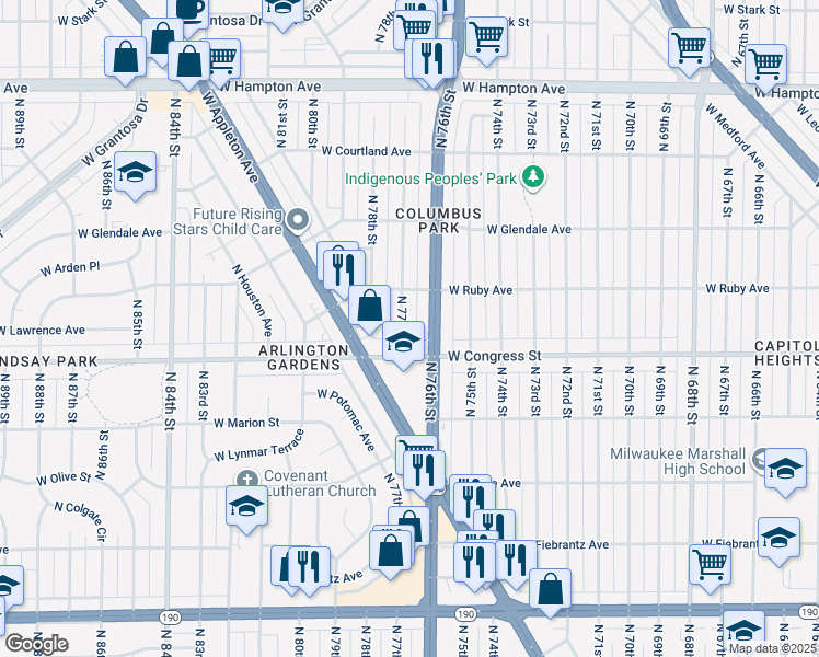 map of restaurants, bars, coffee shops, grocery stores, and more near 4432 N 77th St in Milwaukee