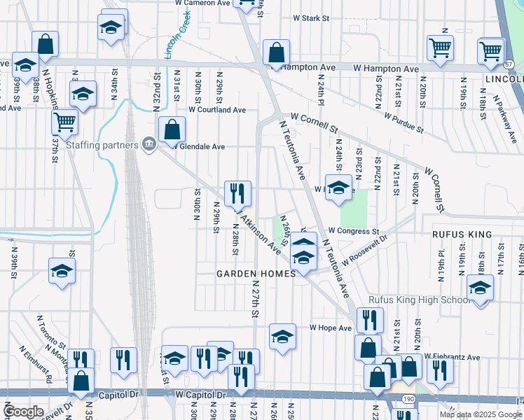 map of restaurants, bars, coffee shops, grocery stores, and more near 4428 North 27th Street in Milwaukee