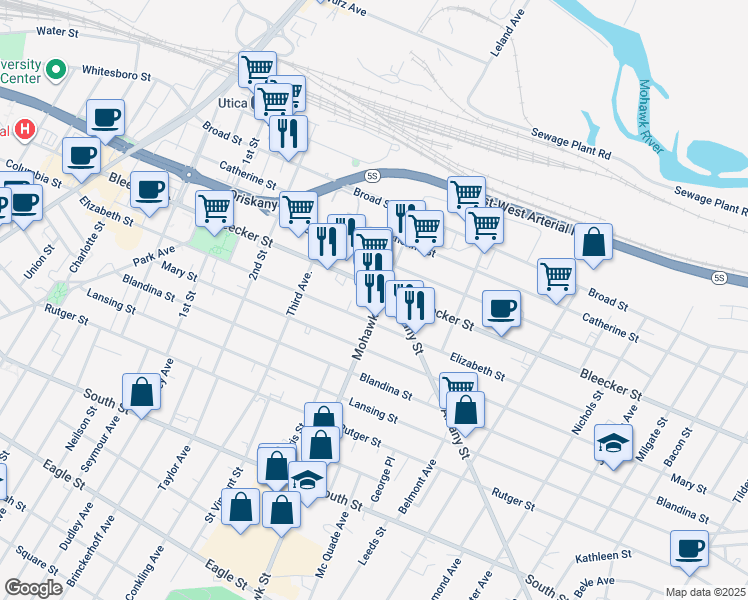map of restaurants, bars, coffee shops, grocery stores, and more near 635 Elizabeth Street in Utica