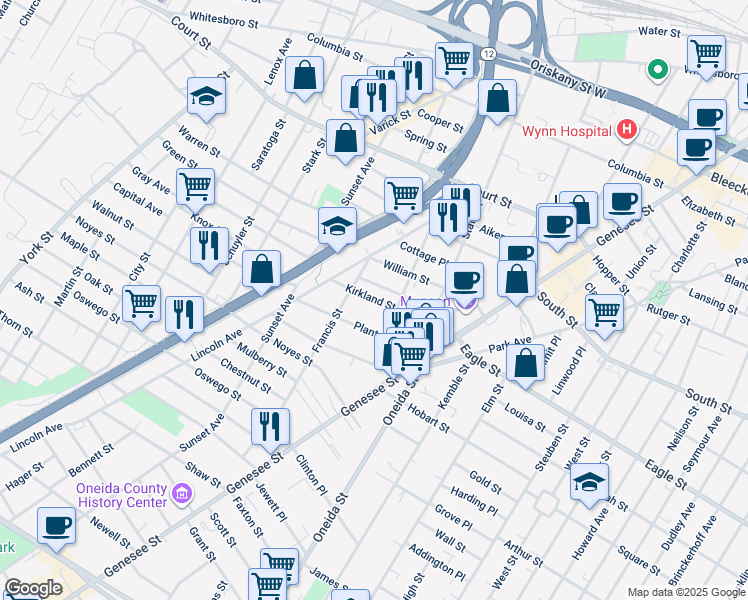 map of restaurants, bars, coffee shops, grocery stores, and more near 623 Kirkland Street in Utica