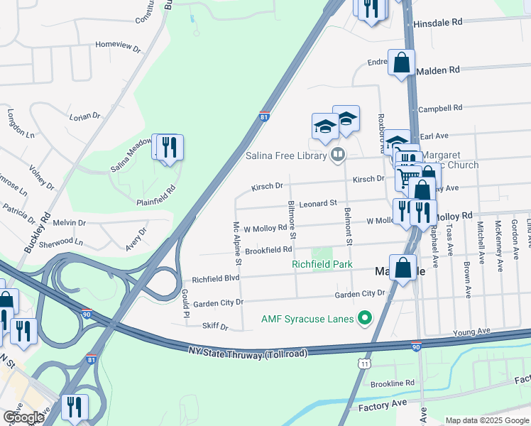 map of restaurants, bars, coffee shops, grocery stores, and more near 319 Leonard Street in Syracuse