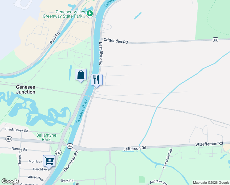 map of restaurants, bars, coffee shops, grocery stores, and more near 73 Riverside Drive in Rochester