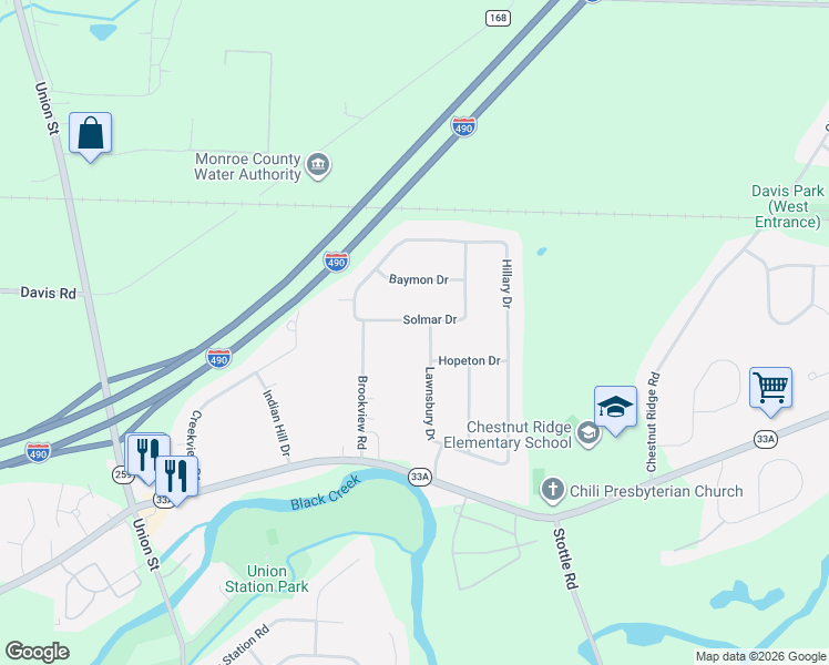 map of restaurants, bars, coffee shops, grocery stores, and more near 17 Solmar Drive in Rochester