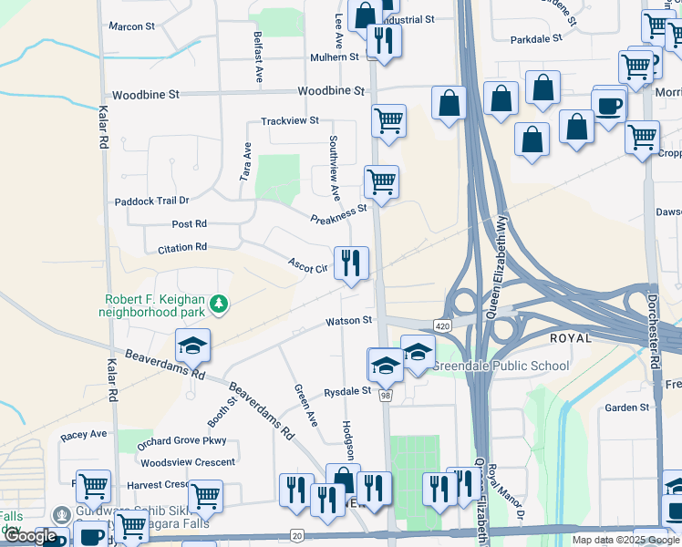 map of restaurants, bars, coffee shops, grocery stores, and more near in Niagara Falls