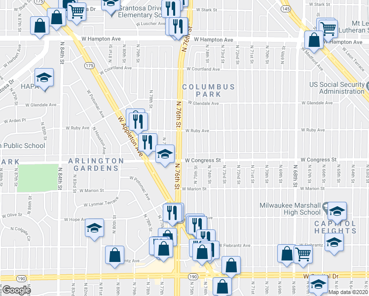 map of restaurants, bars, coffee shops, grocery stores, and more near 4430 North 76th Street in Milwaukee