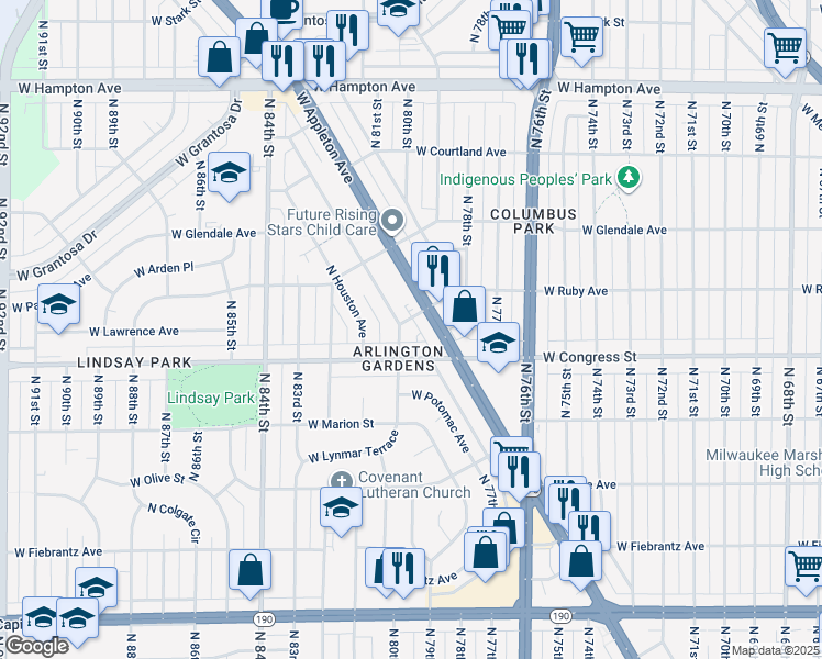map of restaurants, bars, coffee shops, grocery stores, and more near 7841 West Appleton Avenue in Milwaukee