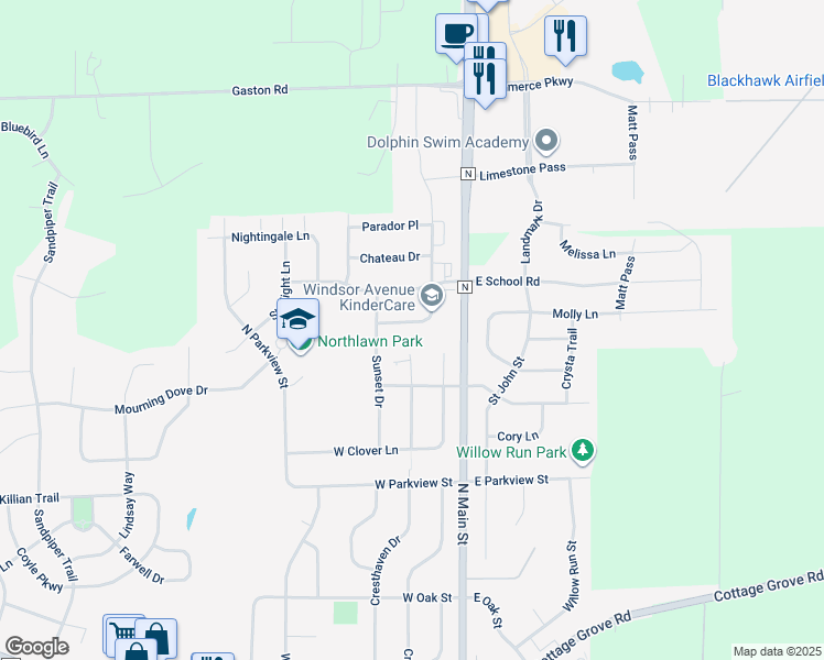 map of restaurants, bars, coffee shops, grocery stores, and more near 126 West Windsor Avenue in Cottage Grove