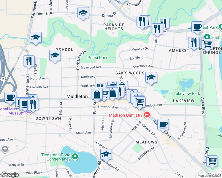 map of restaurants, bars, coffee shops, grocery stores, and more near 6715 Franklin Avenue in Middleton