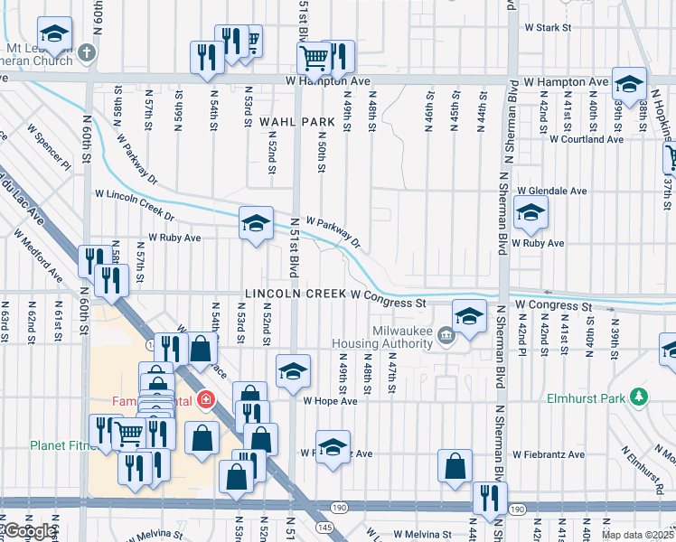 map of restaurants, bars, coffee shops, grocery stores, and more near 4439 North 49th Street in Milwaukee