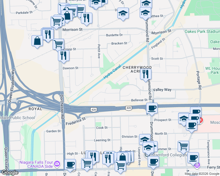 map of restaurants, bars, coffee shops, grocery stores, and more near 5246 Marcel Crescent in Niagara Falls