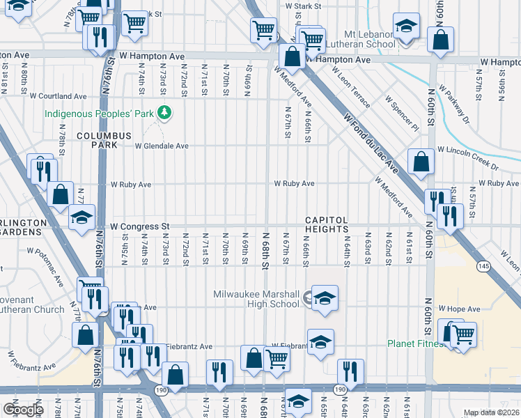 map of restaurants, bars, coffee shops, grocery stores, and more near 4435 North 68th Street in Milwaukee