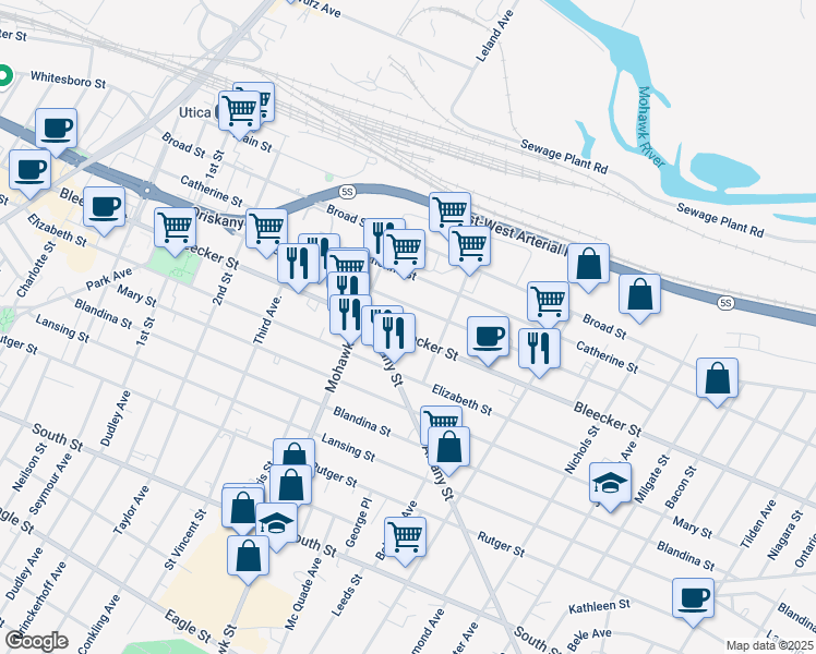 map of restaurants, bars, coffee shops, grocery stores, and more near 741 Bleecker Street in Utica