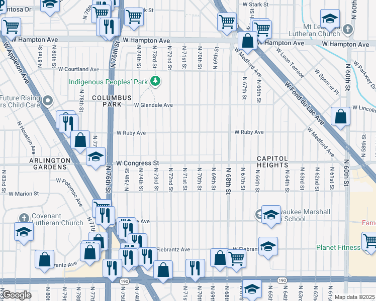 map of restaurants, bars, coffee shops, grocery stores, and more near 4430 North 71st Street in Milwaukee