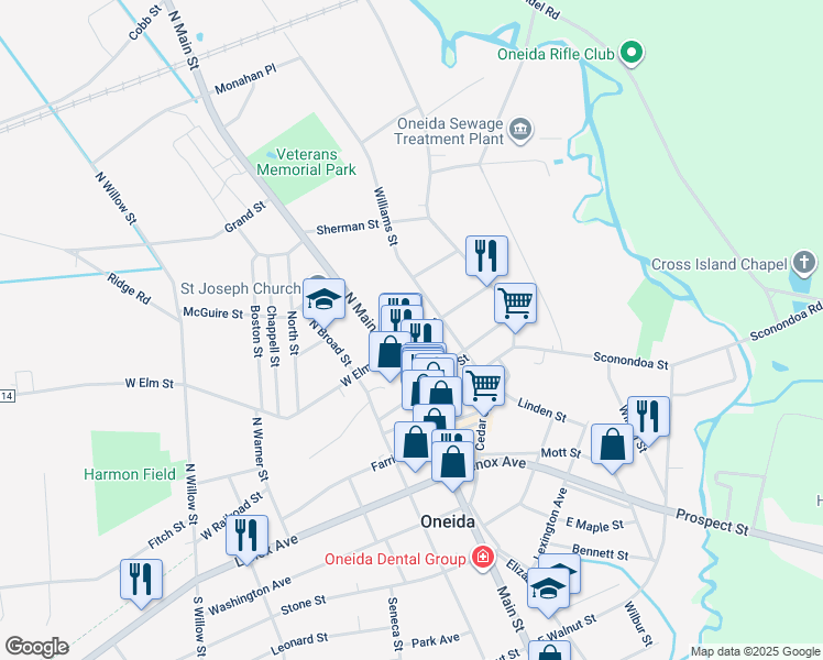 map of restaurants, bars, coffee shops, grocery stores, and more near 117 East Elm Street in Oneida