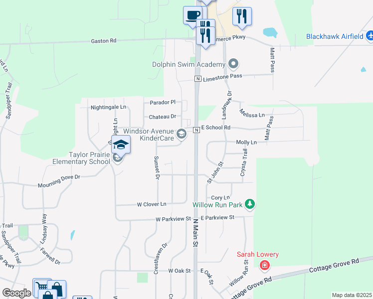 map of restaurants, bars, coffee shops, grocery stores, and more near 104 West Windsor Avenue in Cottage Grove