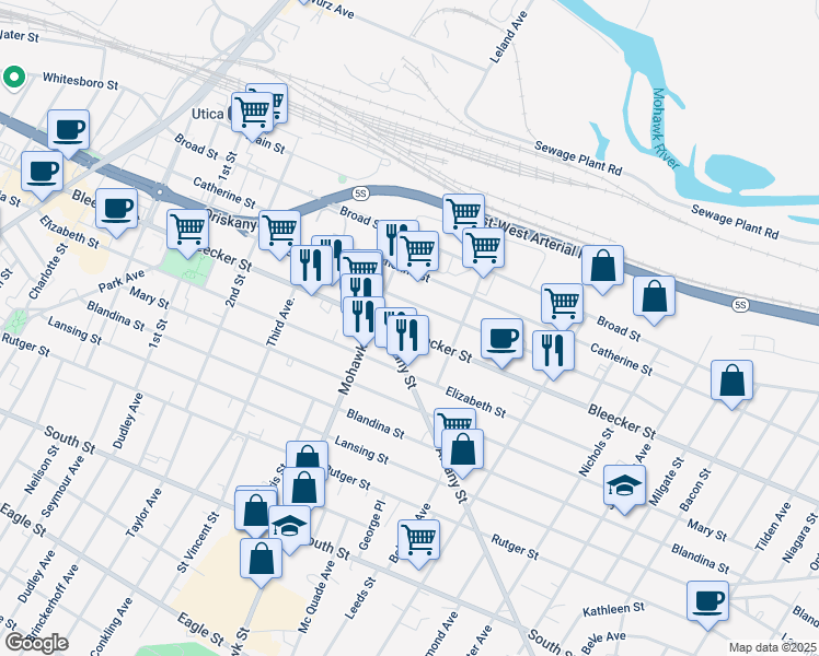 map of restaurants, bars, coffee shops, grocery stores, and more near 741 Bleecker Street in Utica