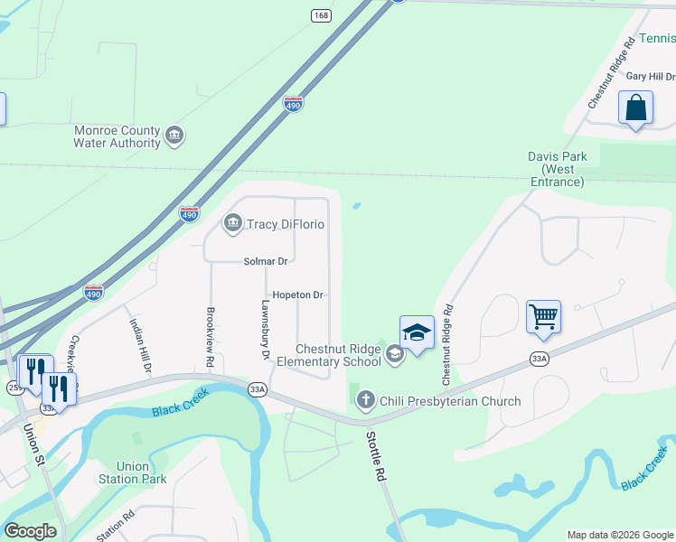 map of restaurants, bars, coffee shops, grocery stores, and more near 106 Hillary Drive in Rochester