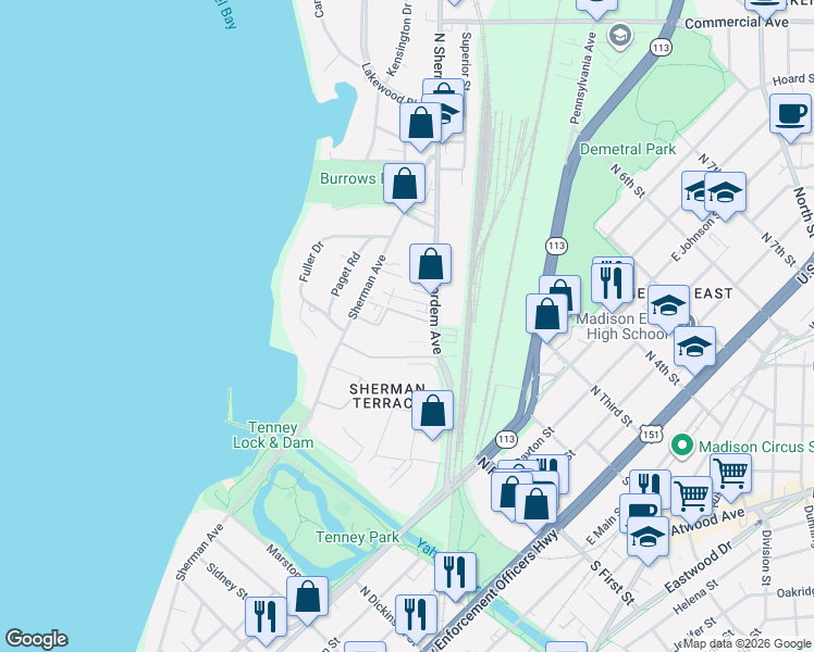 map of restaurants, bars, coffee shops, grocery stores, and more near 55 South Lakewood Garden Lane in Madison