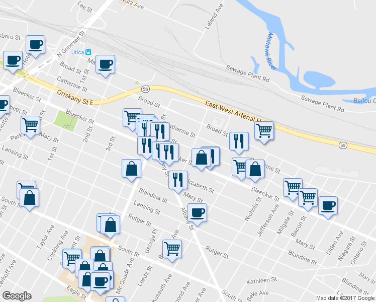 map of restaurants, bars, coffee shops, grocery stores, and more near 404 Hubbell St in Utica