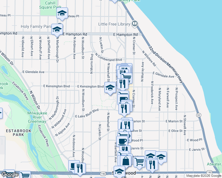 map of restaurants, bars, coffee shops, grocery stores, and more near 4476 North Newhall Street in Shorewood