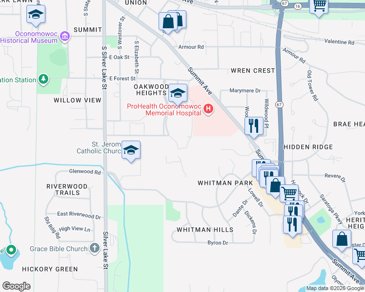map of restaurants, bars, coffee shops, grocery stores, and more near 641 East Forest Street in Oconomowoc