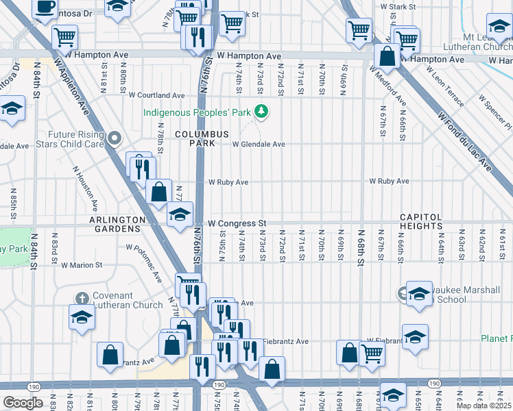 map of restaurants, bars, coffee shops, grocery stores, and more near 4435 N 73rd St in Milwaukee